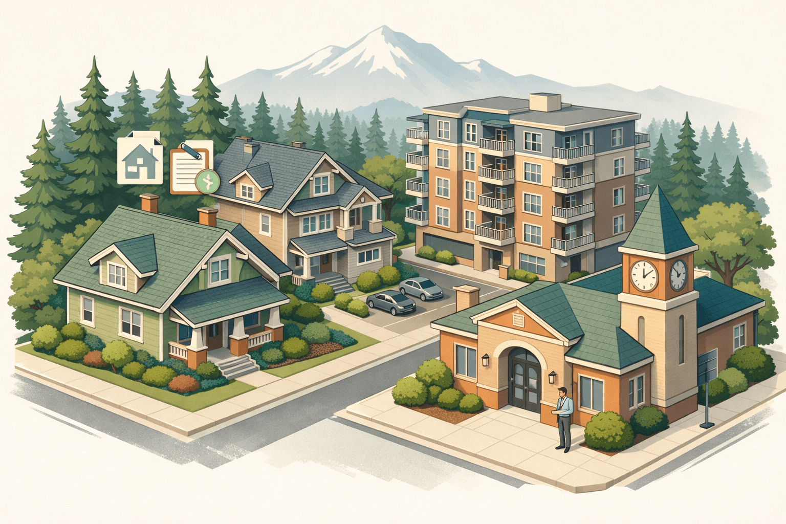 Isometric Pacific Northwest neighborhood with craftsman homes, evergreen trees, a mountain backdrop, and a small community bank building.