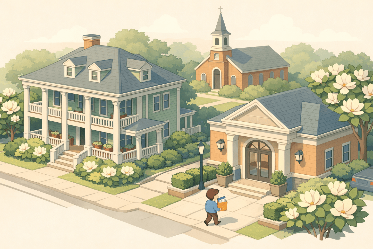 Isometric illustration of a Southern neighborhood with a colonial home, regional bank, magnolia trees, and a small figure carrying mortgage documents.