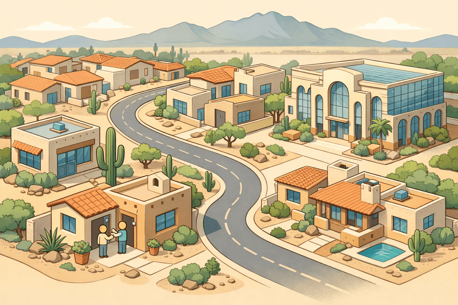 Isometric view of a Tucson neighborhood with adobe-style homes, a small mortgage office, and a tiny figure receiving house keys near desert landscaping.