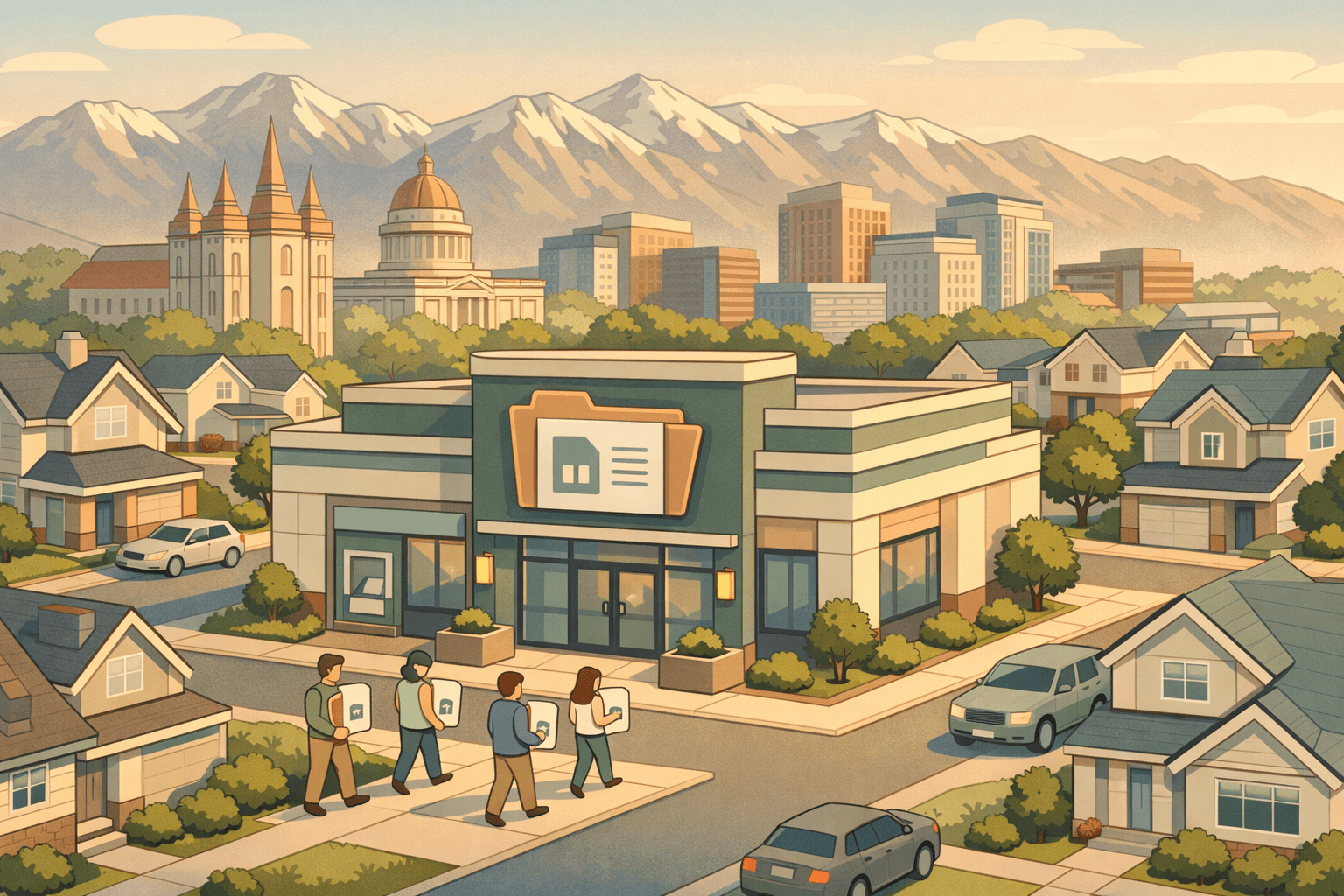 Isometric Utah cityscape with a community bank, suburban homes, and small figures carrying mortgage documents near mountain-backdrop buildings.
