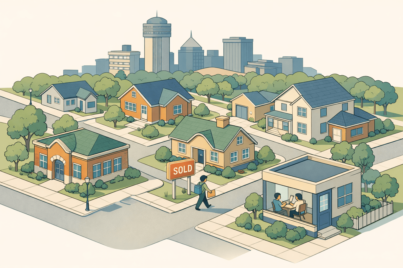 Isometric view of a Wichita neighborhood with homes, a small bank building, and a tiny figure walking toward a house with a sold sign.