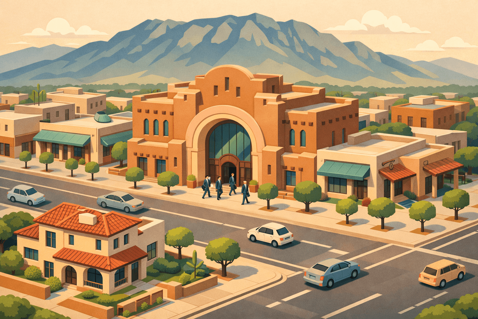 Isometric scene of an Albuquerque bank building with Southwestern architecture, a luxury home, mountain backdrop, and small figures carrying mortgage documents.