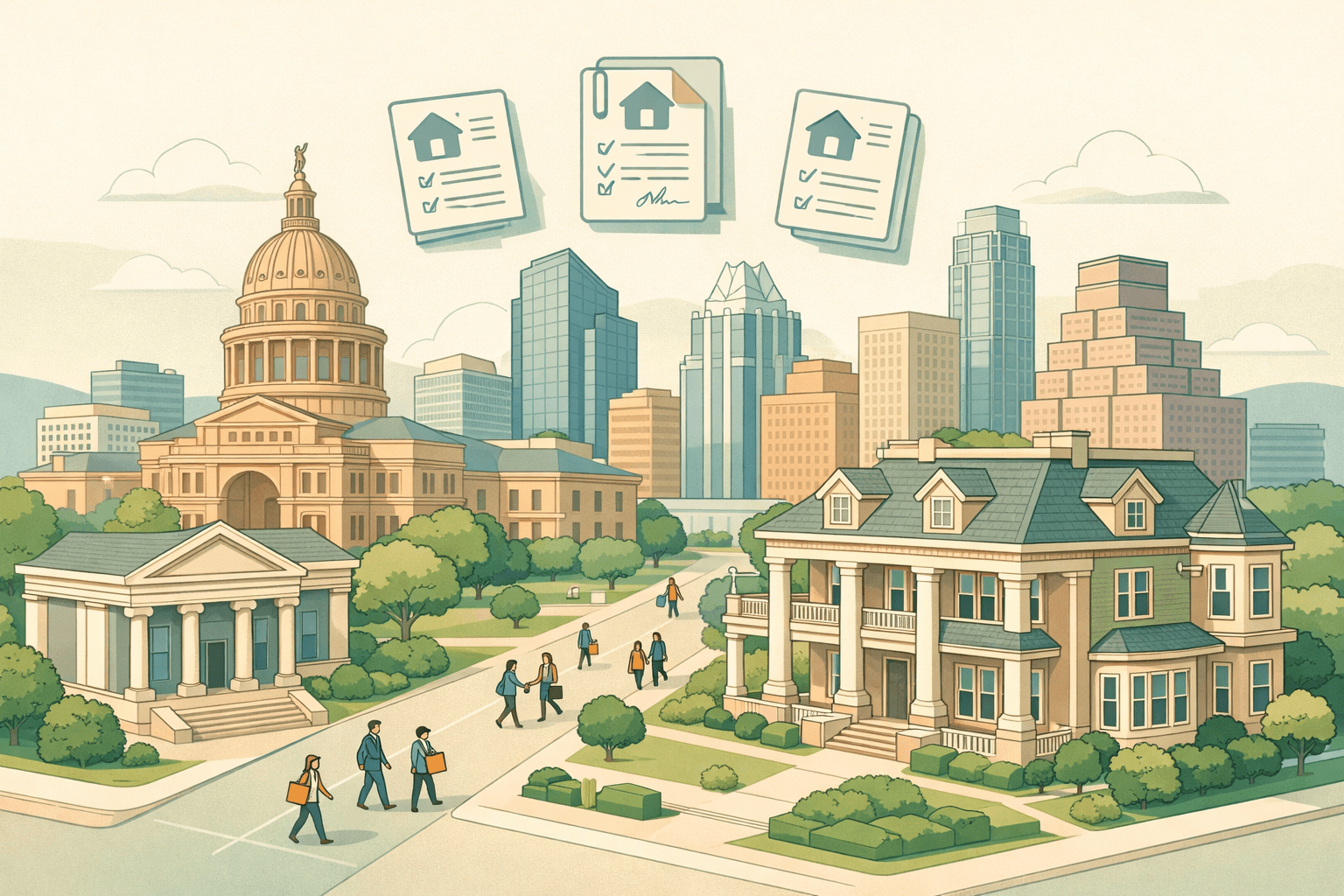 Isometric scene of the Austin skyline with the State Capitol, a luxury home, a small bank building, and tiny figures walking between them.