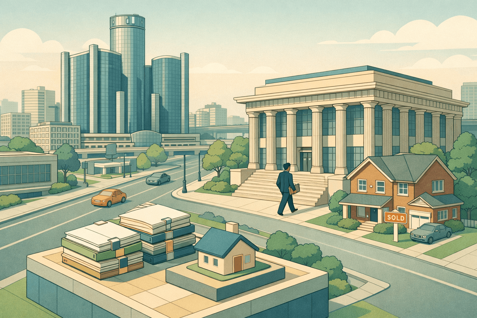 Isometric Detroit cityscape with a bank building, residential home, and a small figure representing a jumbo mortgage borrower in the Metro Detroit market.
