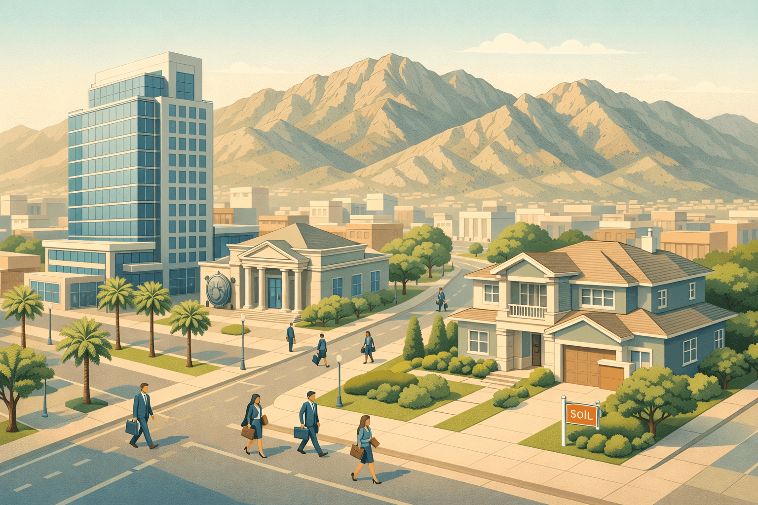 Isometric illustration of El Paso buildings including a residential home, a mortgage office, and a bank with mountain scenery in the background.