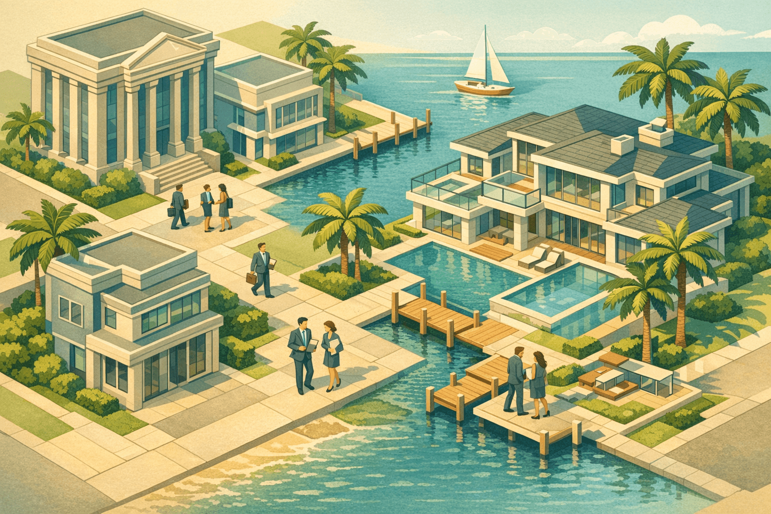 Isometric scene of a Florida waterfront luxury home alongside a bank building and mortgage office with small figures and palm trees under warm sunlight.