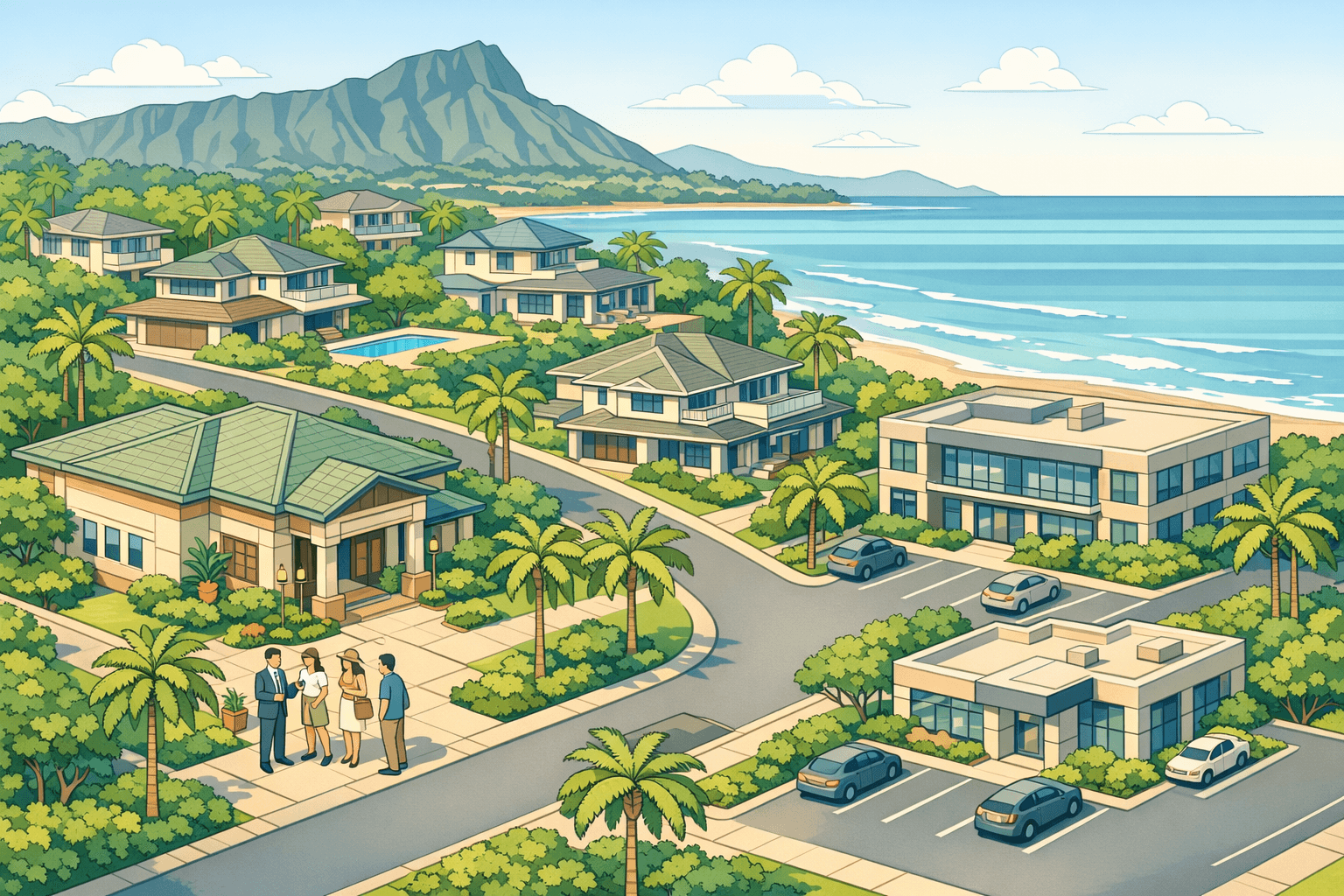 Isometric scene of a Hawaii coastal neighborhood with upscale homes, a local bank branch, palm trees, and small figures representing homebuyers and a loan officer.