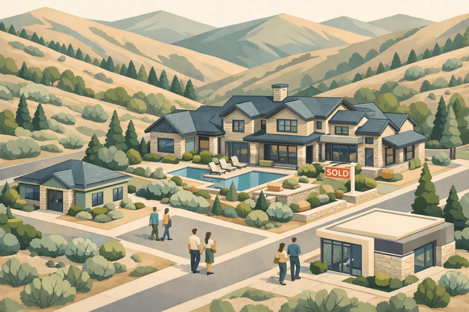 Isometric scene of a luxury Idaho home near foothills with a credit union and mortgage office, small figures carrying documents nearby.
