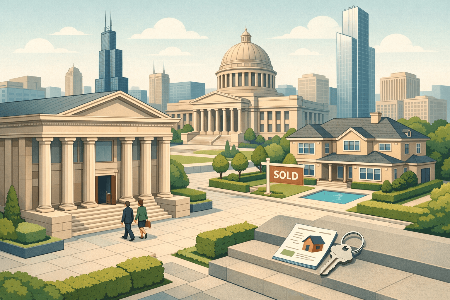Isometric illustration of a Chicago-inspired skyline with a bank building, luxury home, and tiny figures representing jumbo mortgage borrowers in Illinois.