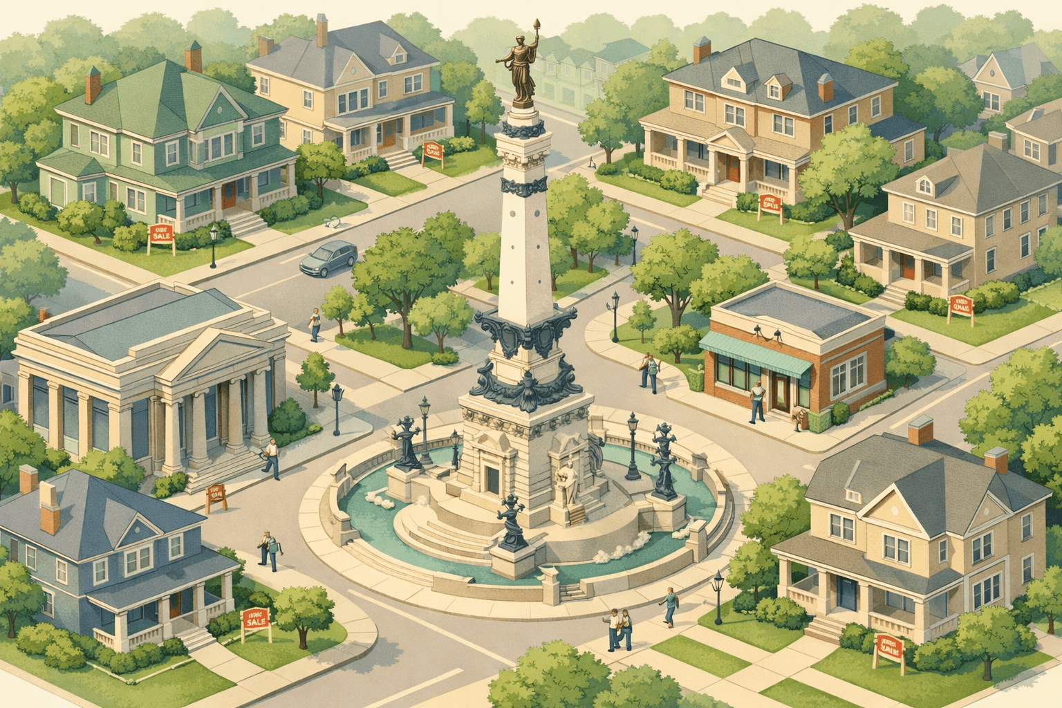 Isometric view of Indianapolis landmarks surrounded by upscale homes, a bank building, and a mortgage office with small figures carrying documents.