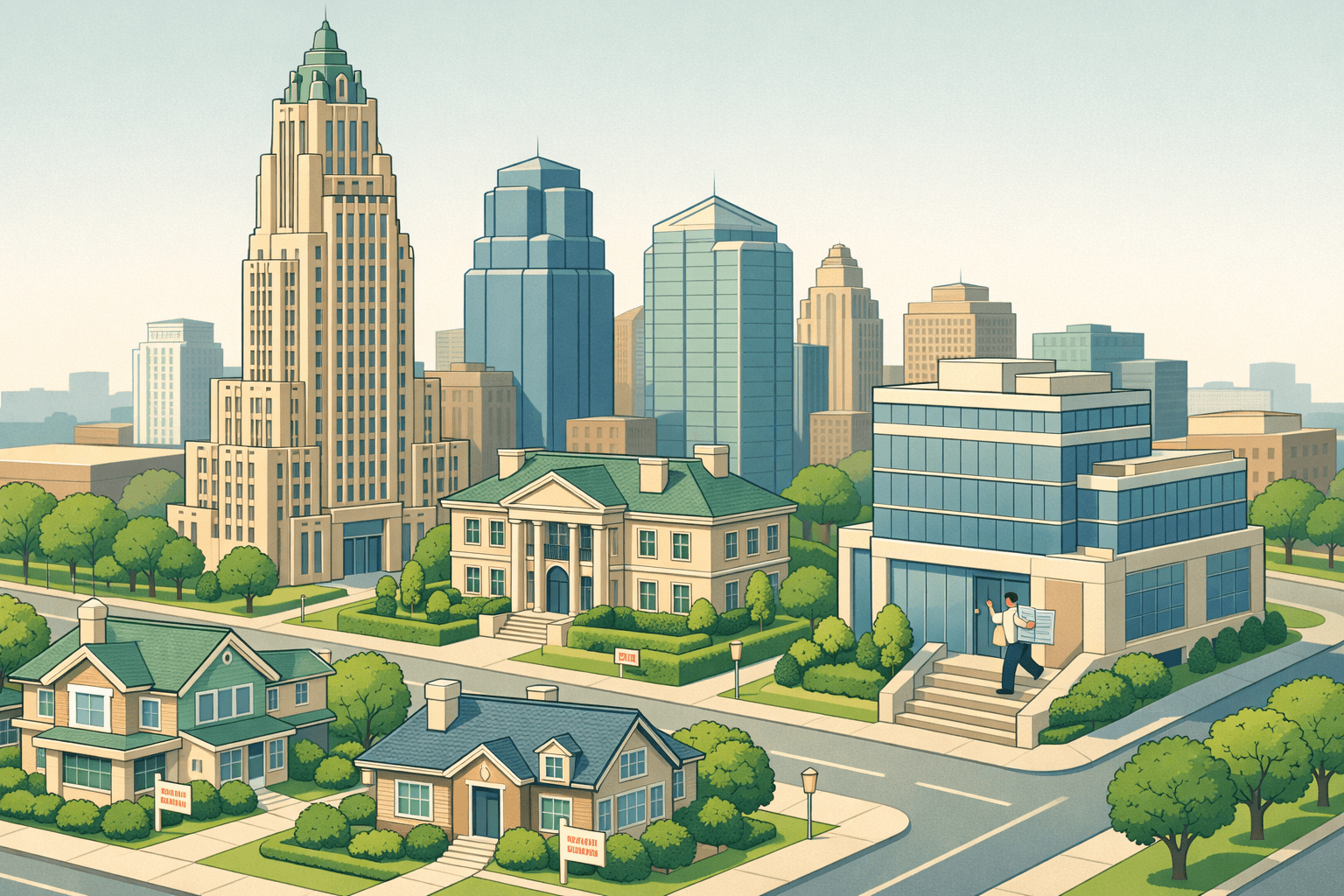 Isometric scene of the Kansas City skyline with upscale homes and a mortgage office building representing jumbo home lending in the KC metro.