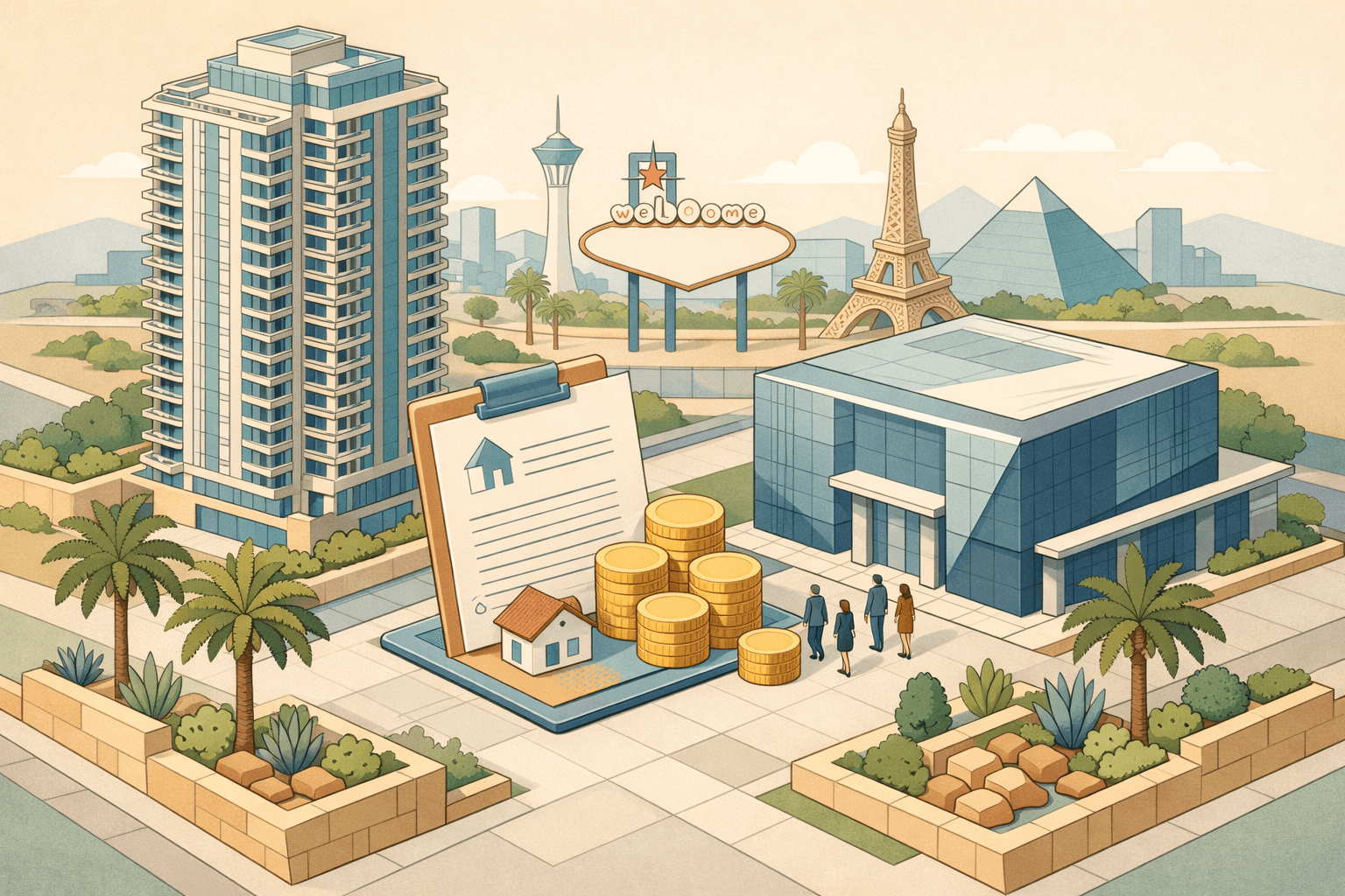 Isometric illustration of a Las Vegas luxury residential tower and bank building with mortgage documents and coins on a plaza below.