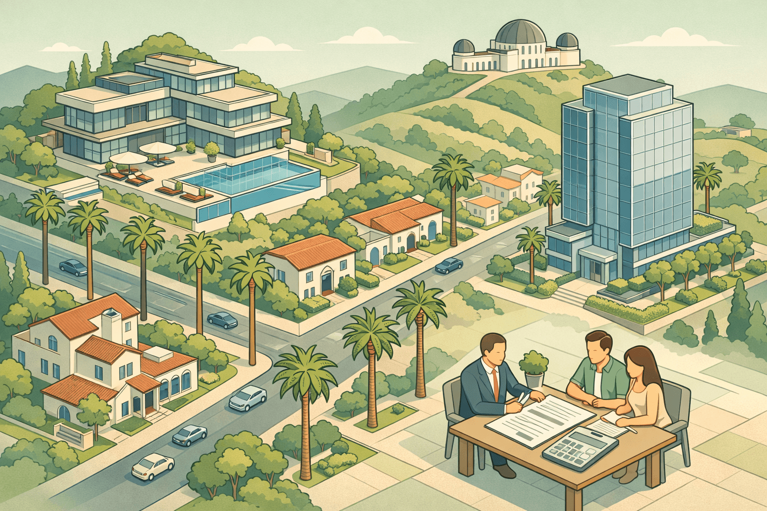 Isometric view of a Los Angeles luxury neighborhood with a hillside home, palm trees, a glass office building, and tiny figures reviewing mortgage documents.