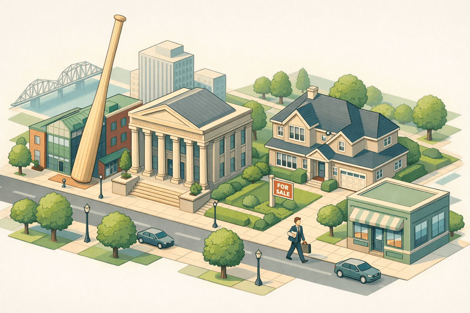 Isometric scene of Louisville landmarks alongside a bank building, mortgage office, and luxury home representing jumbo lending in the city.