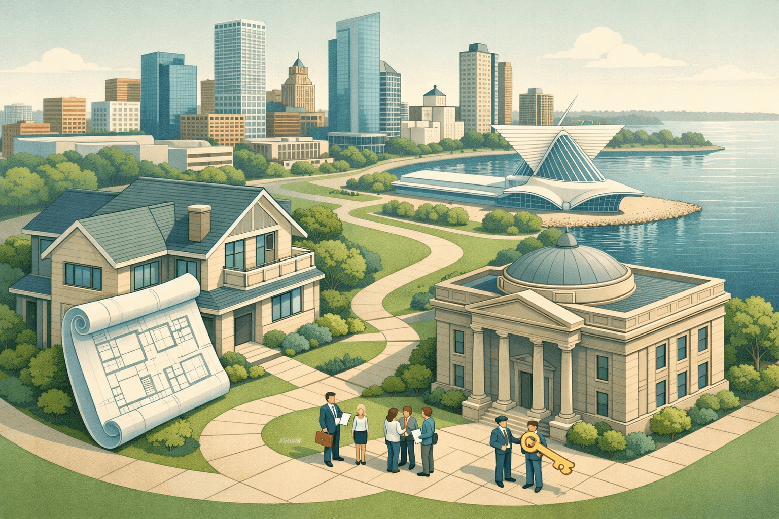 Isometric view of Milwaukee skyline with a bank building, a large home, and small figures representing high-balance mortgage lending activity near Lake Michigan.