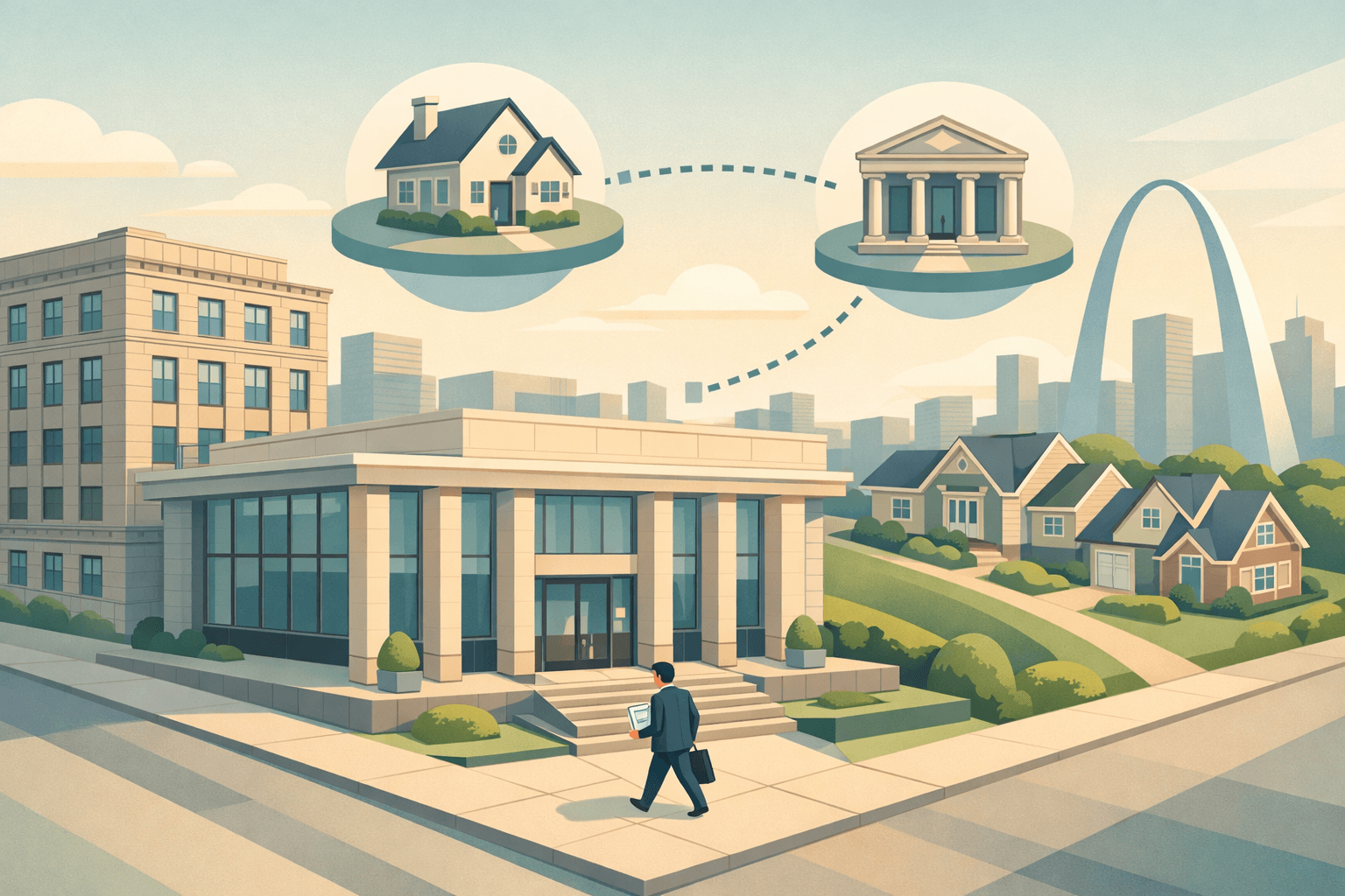 Isometric scene of Missouri landmarks and a bank building with a small figure carrying mortgage documents approaching upscale homes and a financial institution.