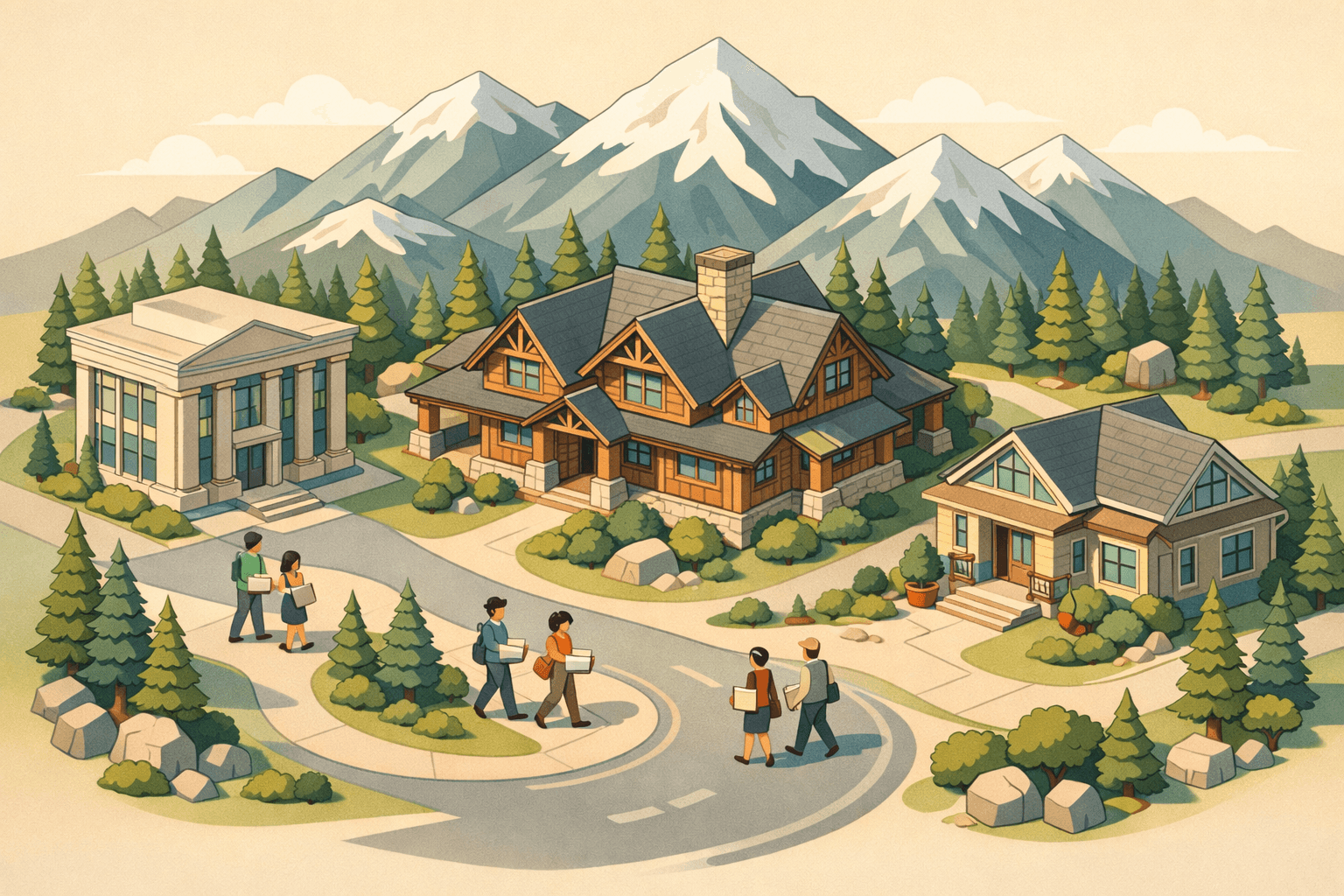 Isometric Montana mountain town scene with a large timber-frame home, a bank building, a mortgage office, pine trees, and small figures walking between them.