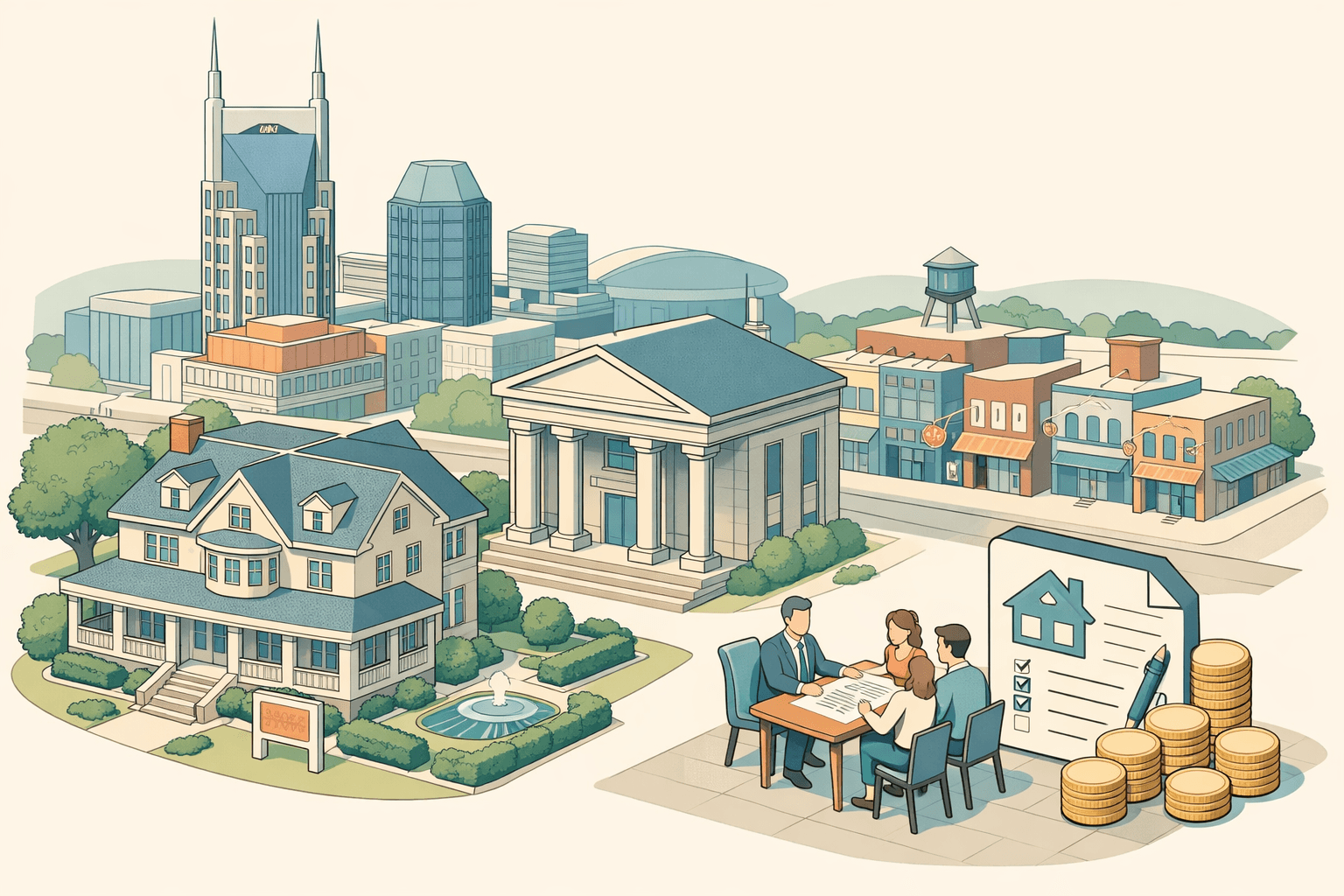 Isometric scene of a Nashville neighborhood with a large home, a bank building, and small figures reviewing mortgage documents outdoors.