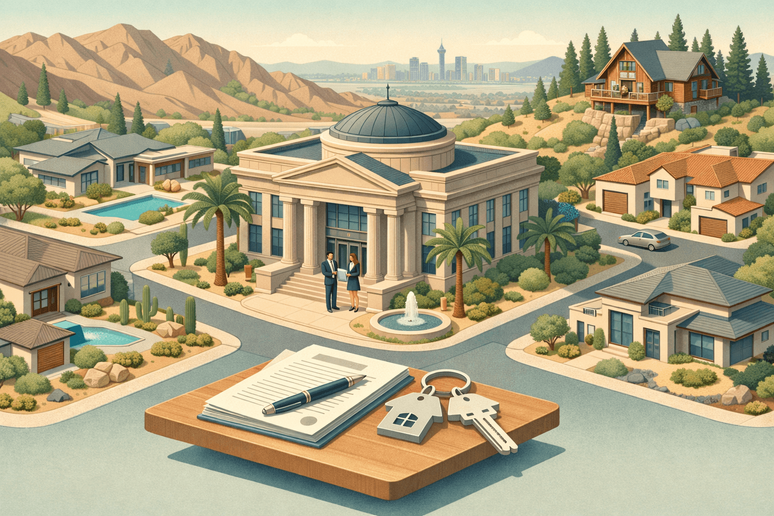 Isometric scene of a Nevada luxury neighborhood with a bank building, desert homes, mountain backdrop, and small figures reviewing mortgage documents outside.