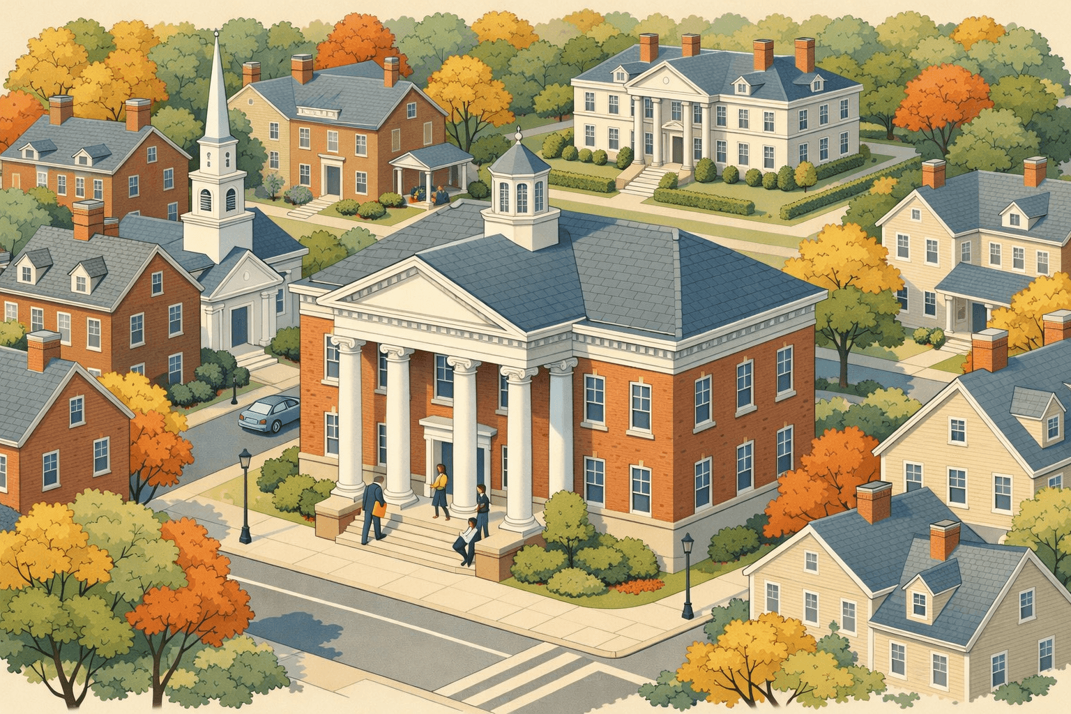 Isometric view of a New England town center with a colonial bank building, historic homes, and a white-steepled church surrounded by autumn trees.