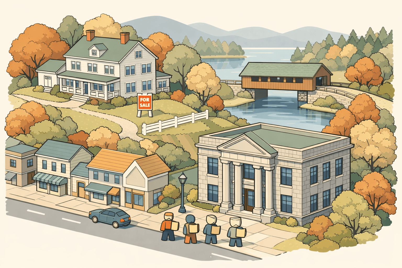 Isometric view of a New Hampshire lakeside town with a large colonial home, a community bank building, and a covered bridge in the background.