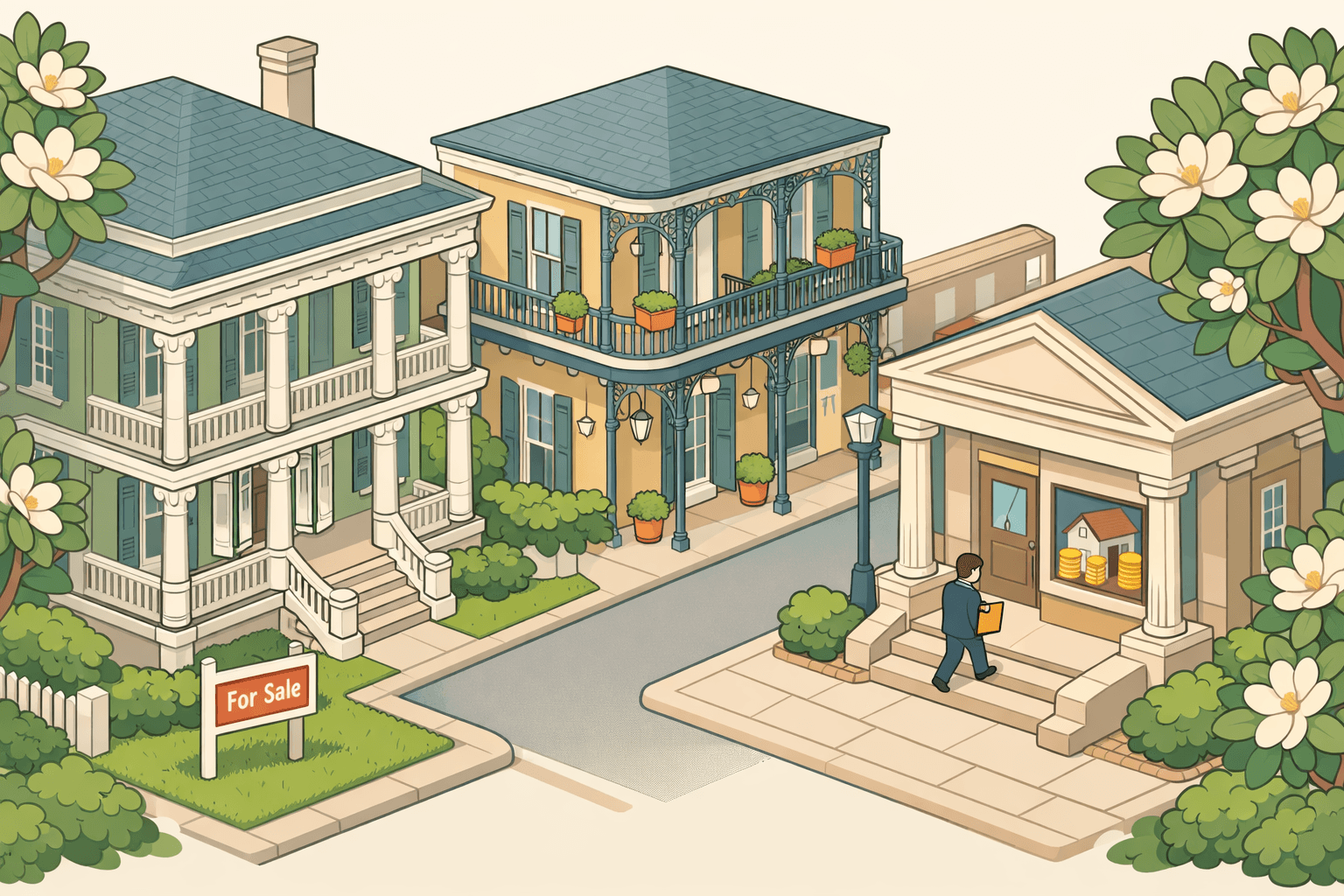 Isometric scene of a New Orleans neighborhood with historic mansion, French Quarter building, and a small bank office with a suited figure approaching.
