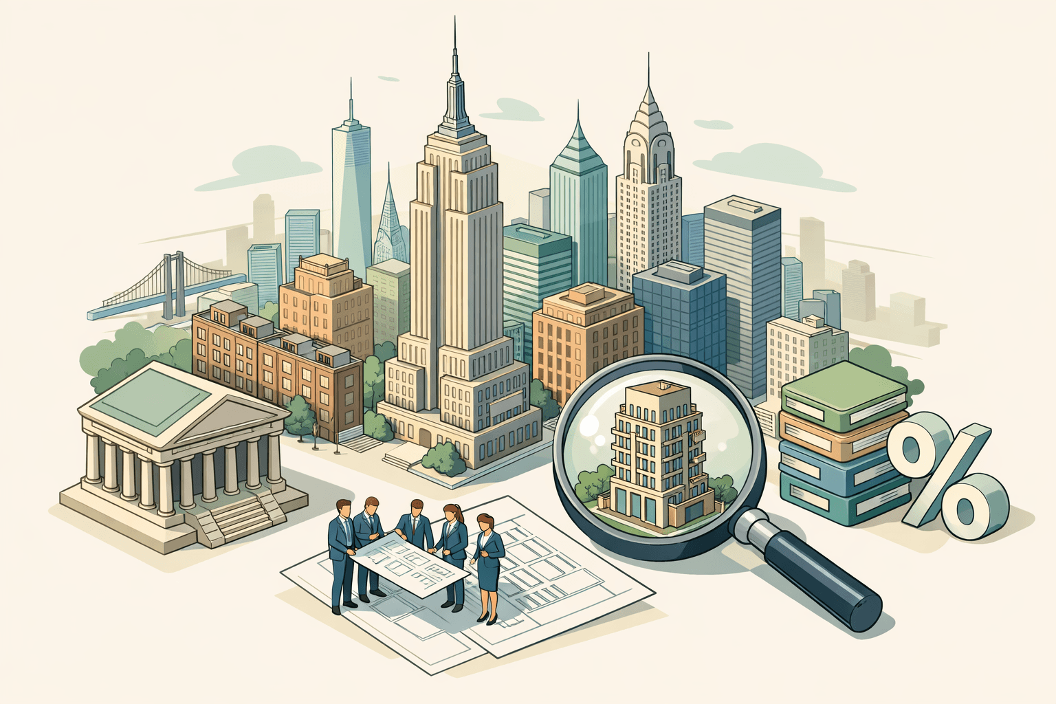 Isometric New York City skyline with a bank building, luxury residential tower, and small figures representing jumbo mortgage lending activity.