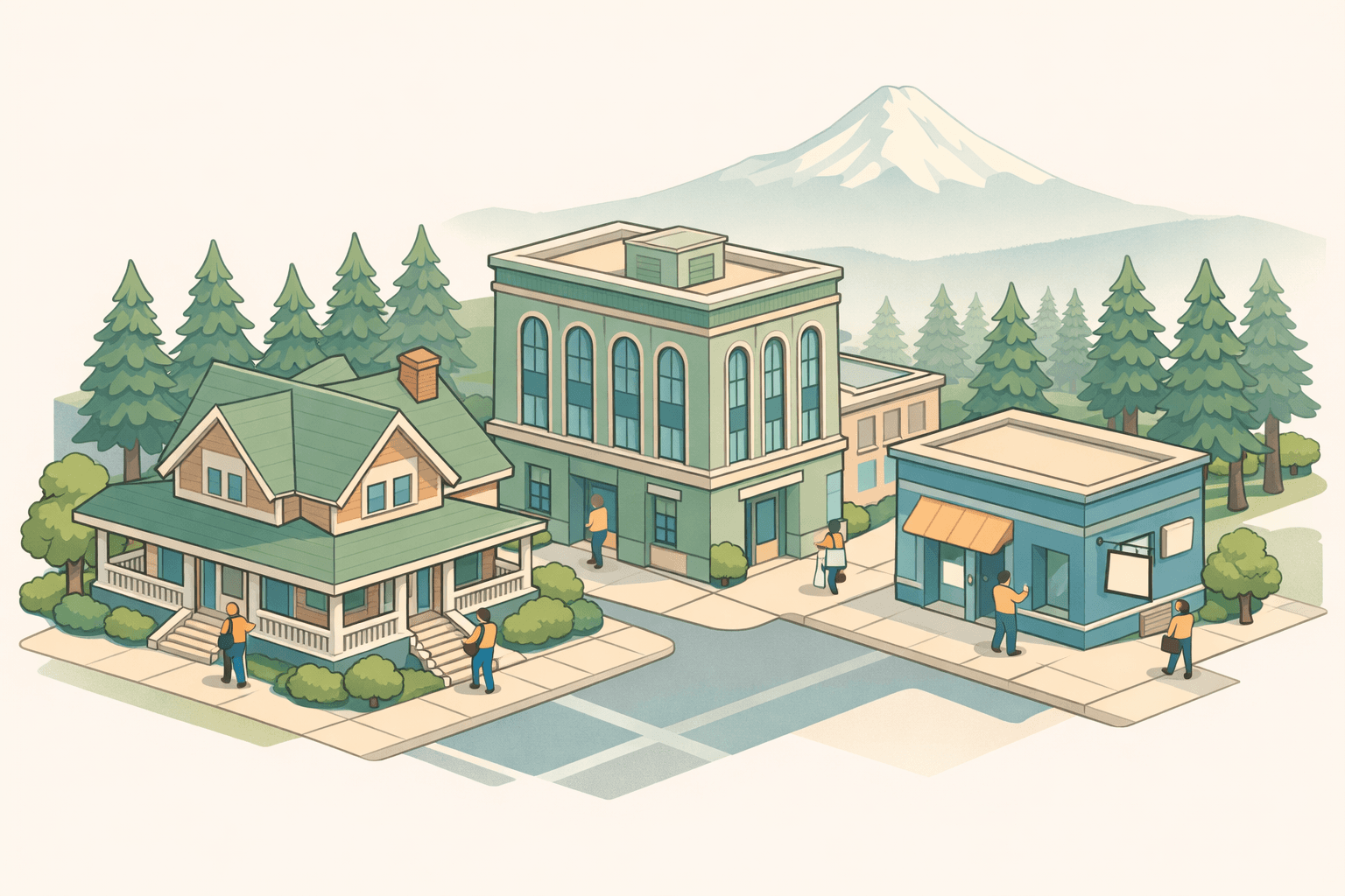 Isometric illustration of Portland Oregon homes and financial buildings with fir trees and Mount Hood in the background representing jumbo mortgage lending.