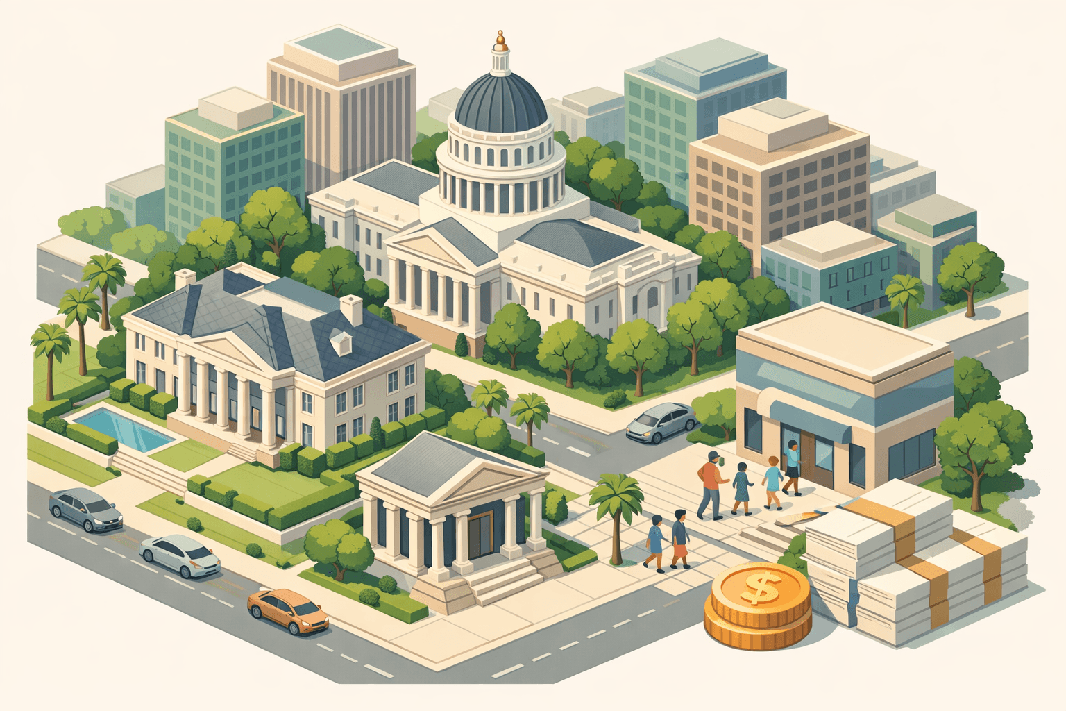 Isometric scene of Sacramento landmarks and luxury homes with a small bank building and figures representing jumbo mortgage borrowers.