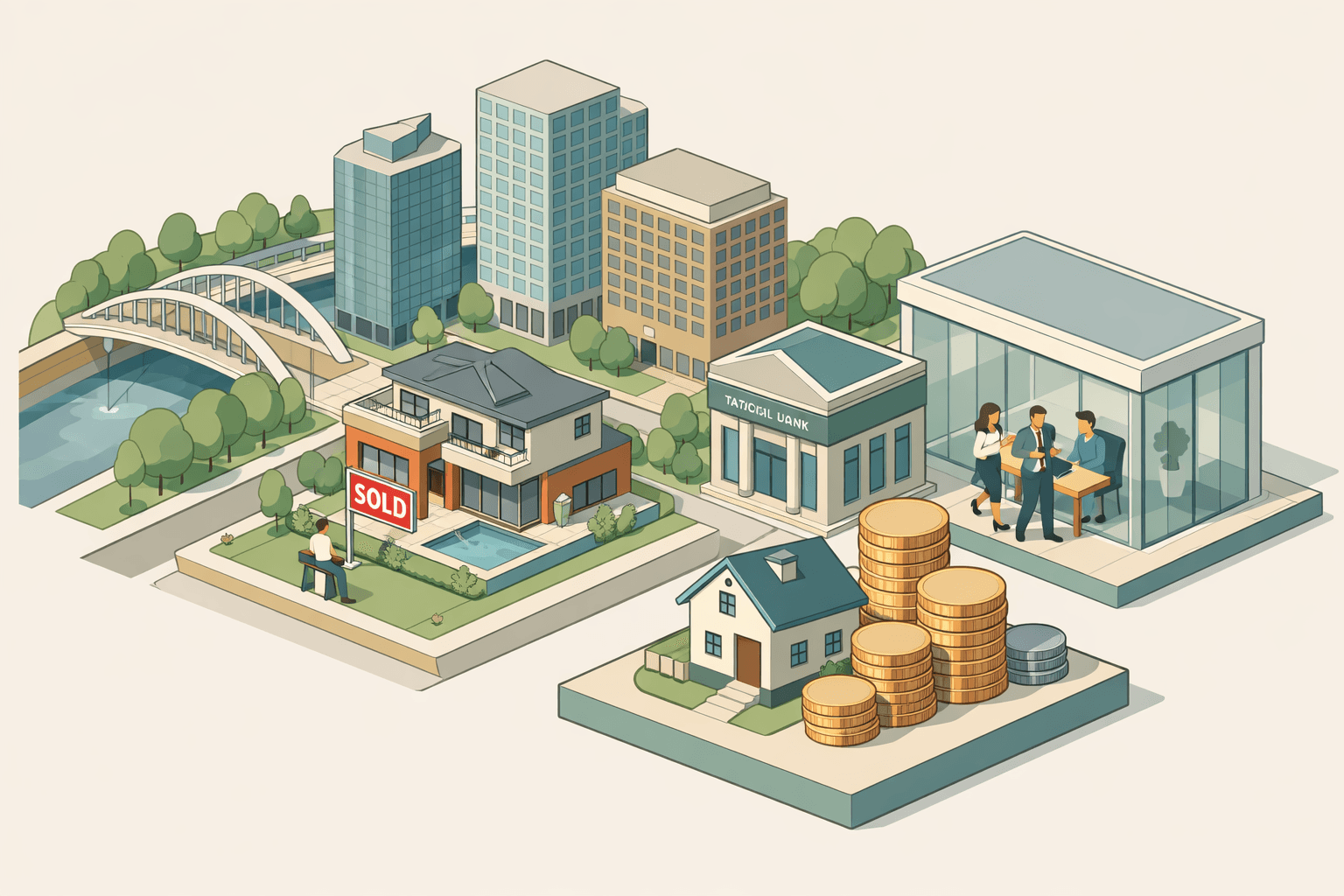 Isometric view of San Jose landmarks and high-value homes alongside bank and credit union buildings representing jumbo mortgage lending in the Bay Area.