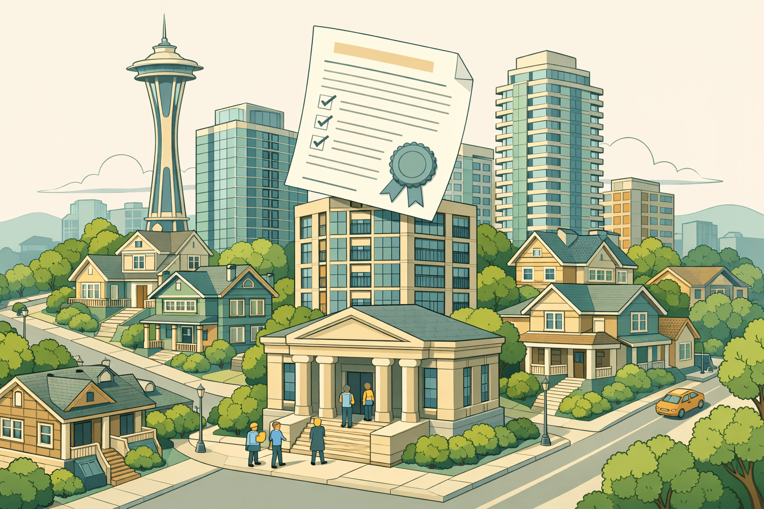 Isometric scene of a Seattle neighborhood with luxury homes, a small bank building, and the Space Needle in the background representing jumbo mortgage lending.