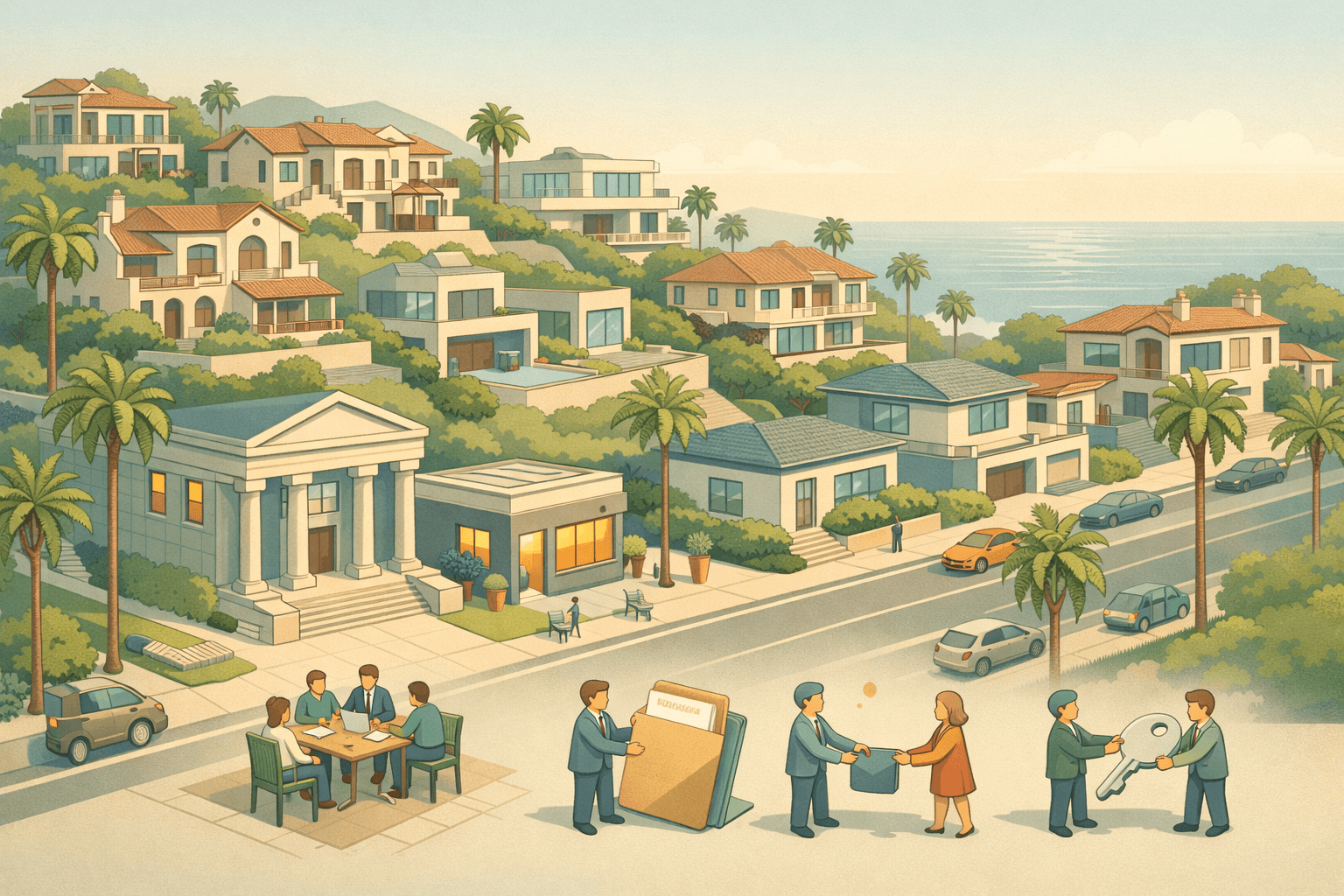 Isometric illustration of a Southern California hillside neighborhood with luxury homes, a bank building, and small figures completing a jumbo mortgage transaction.