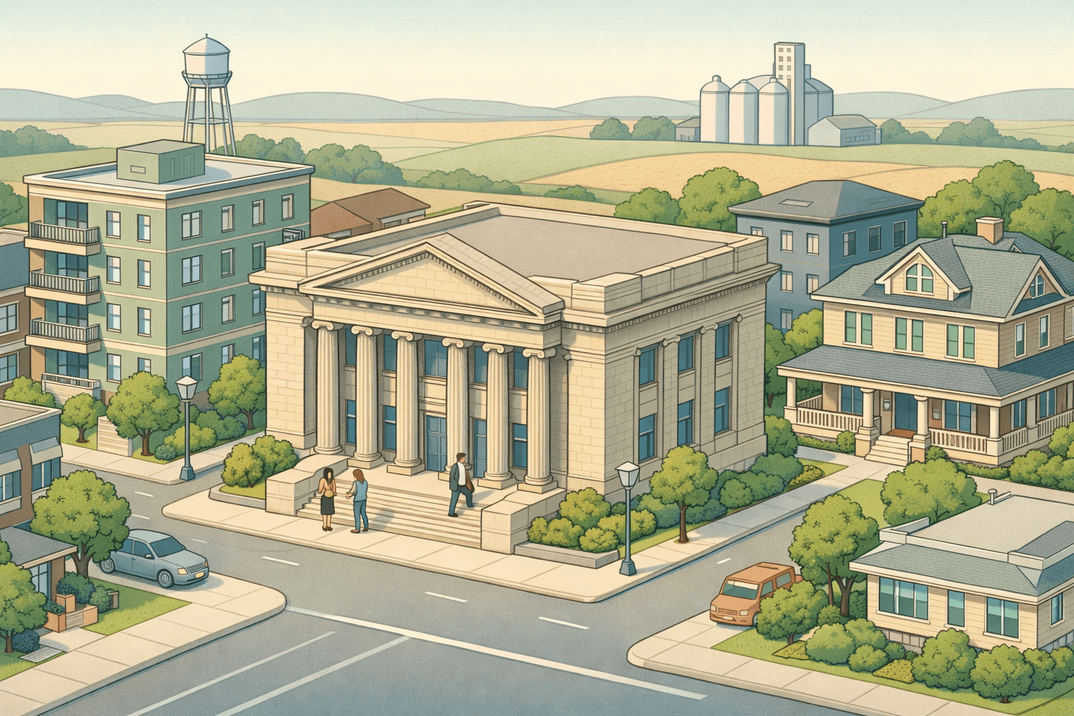 Isometric scene of a Great Plains city with a bank building, residential homes, and small figures near the entrance representing jumbo mortgage lending.
