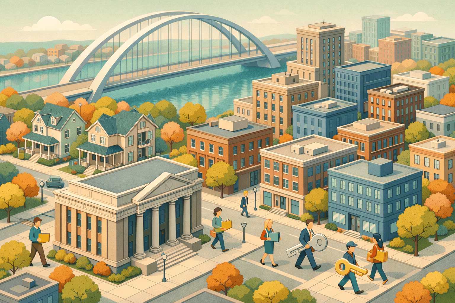 Isometric Midwest cityscape with classic bank buildings, residential homes, a river bridge, and small figures carrying house keys and documents.