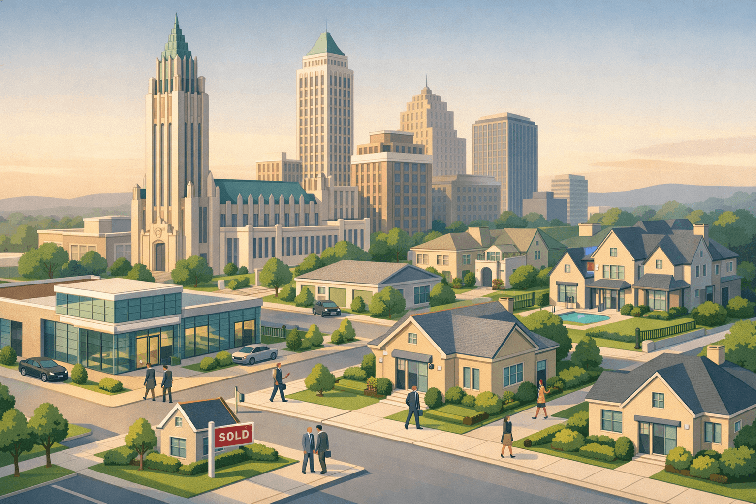 Isometric view of Tulsa landmarks and upscale homes alongside a bank and mortgage office with small figures carrying documents nearby.