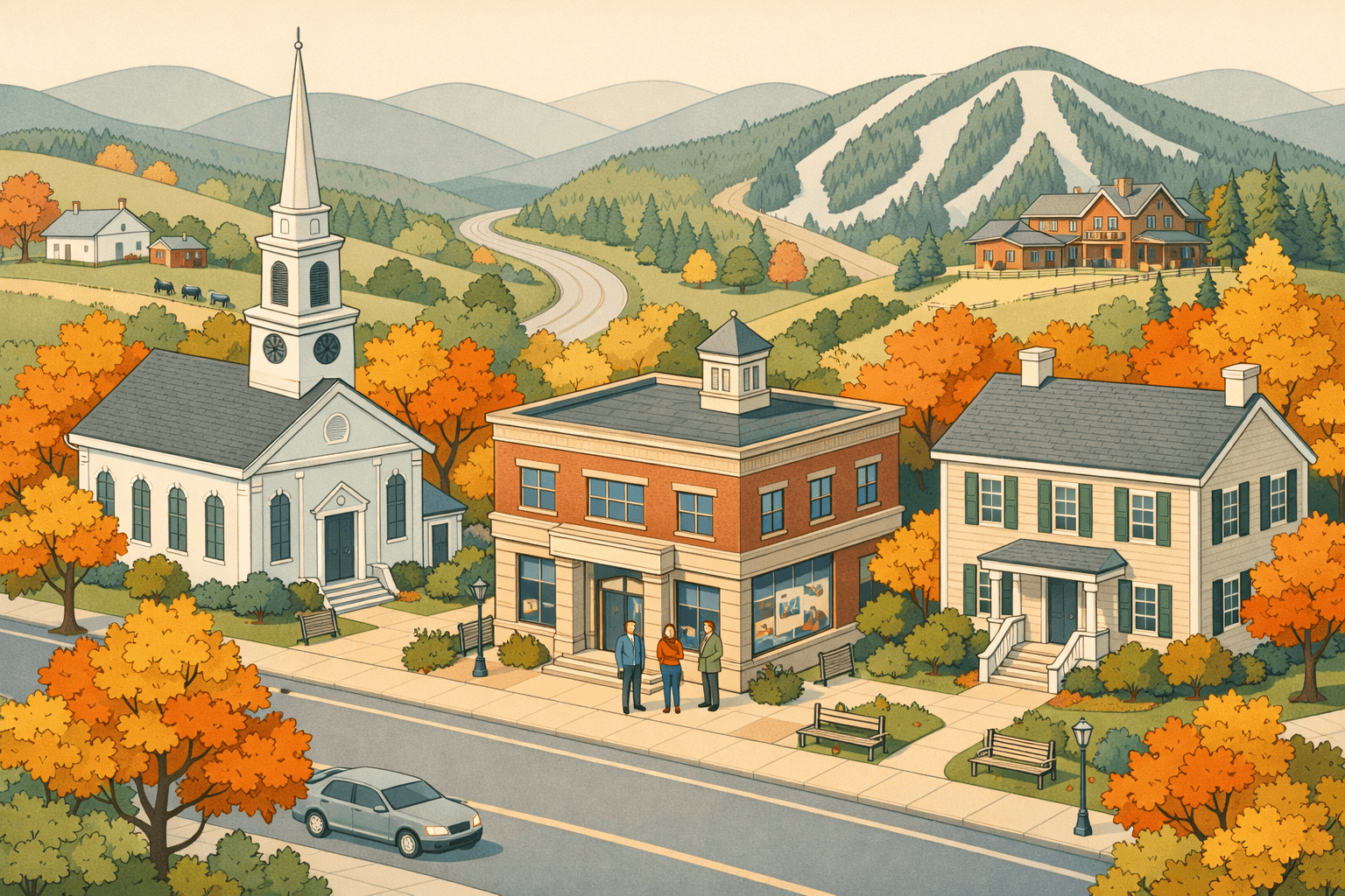 Isometric scene of a Vermont town with a colonial home, community bank, church steeple, and mountain ski lodge in the background.