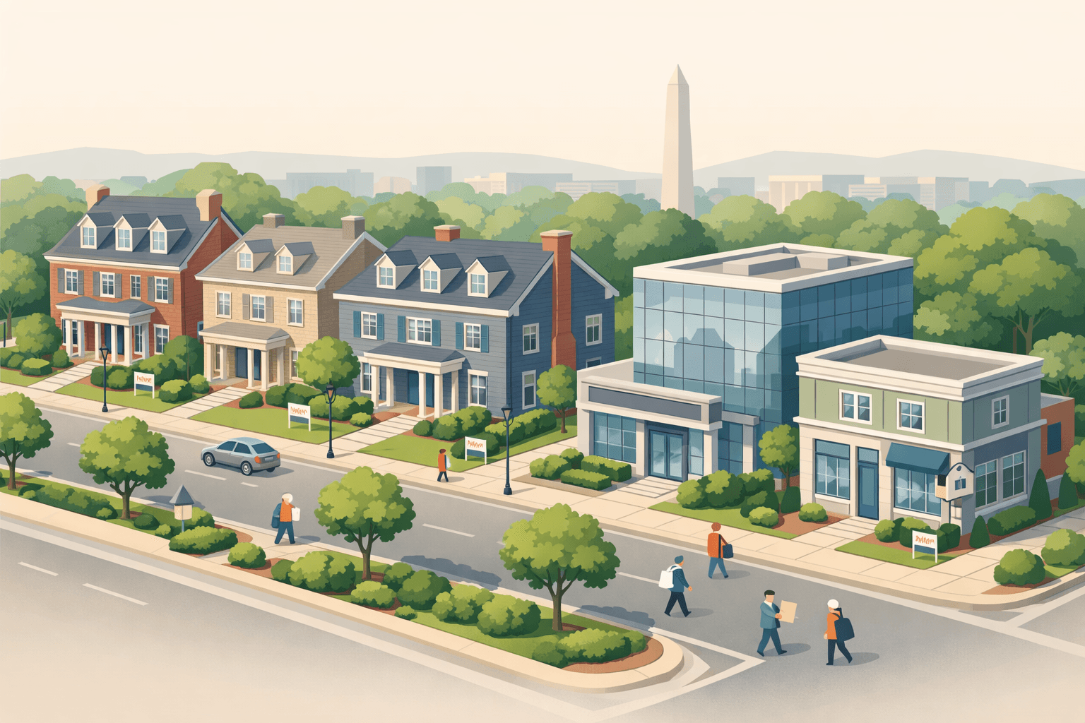 Isometric scene of upscale Virginia homes, a bank building, and a mortgage office on a tree-lined street with tiny people and a distant city skyline.