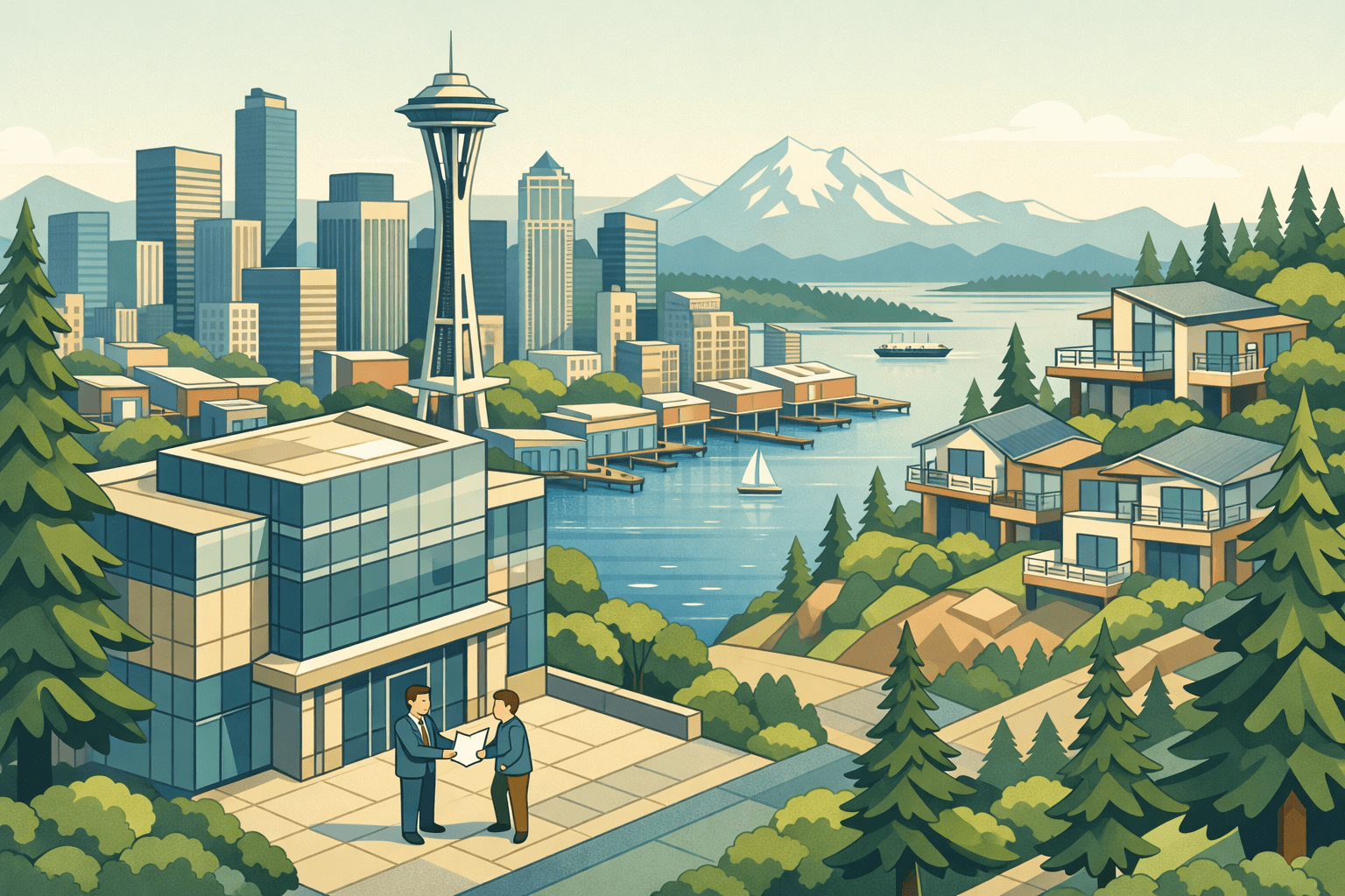 Isometric illustration of a Seattle-style cityscape with a bank, waterfront homes, evergreen trees, and small figures completing a mortgage transaction.