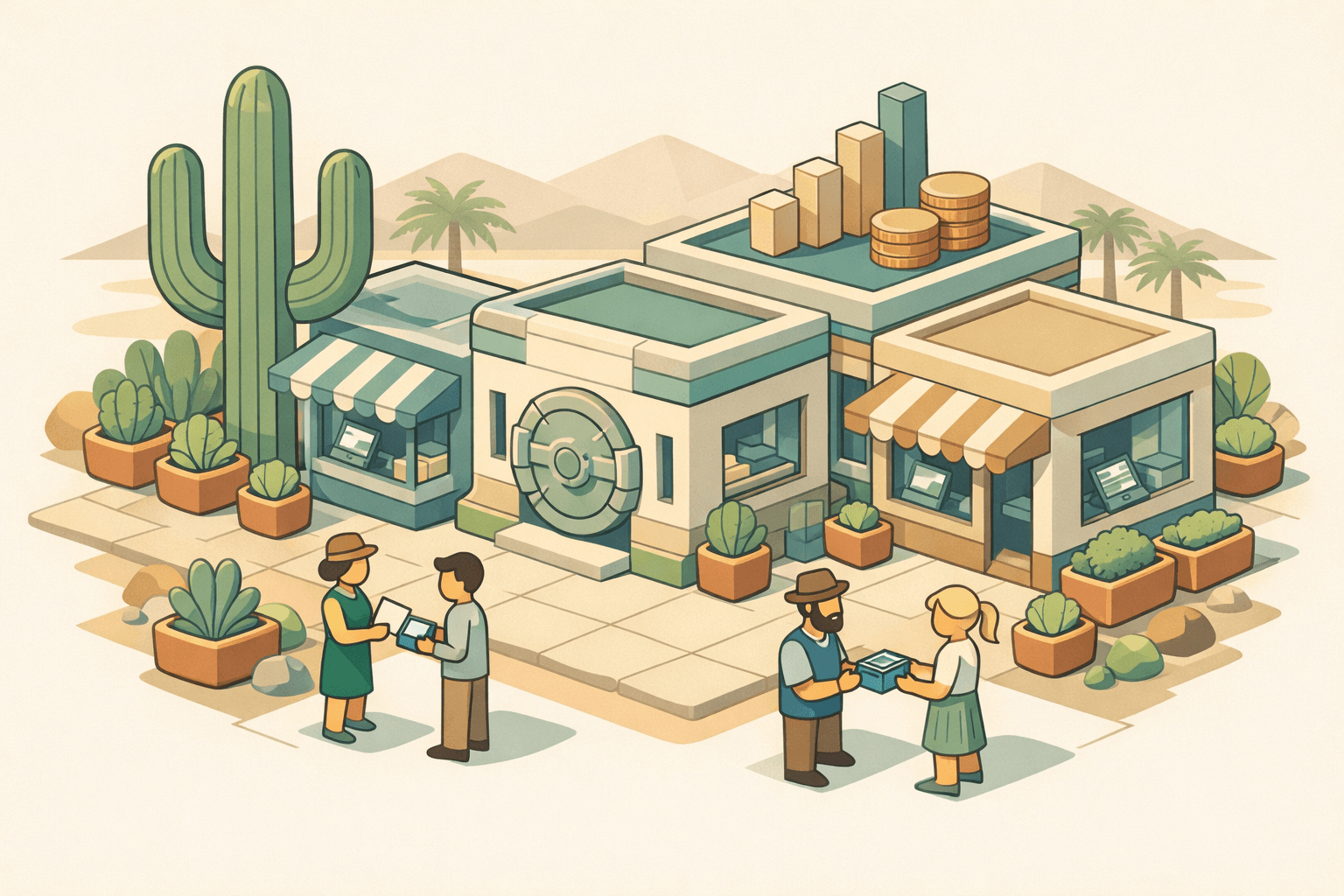 Isometric street scene of an Arizona small business district with storefronts, a bank building, card payment terminals, and tiny business owners exchanging documents.