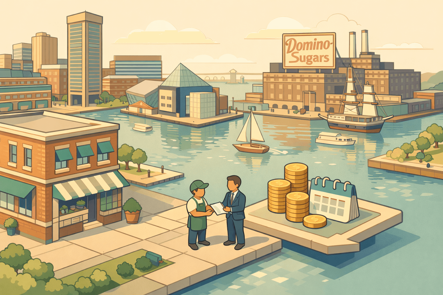 Isometric Baltimore waterfront scene with a small business storefront and two figures exchanging funding documents near stacked coins.