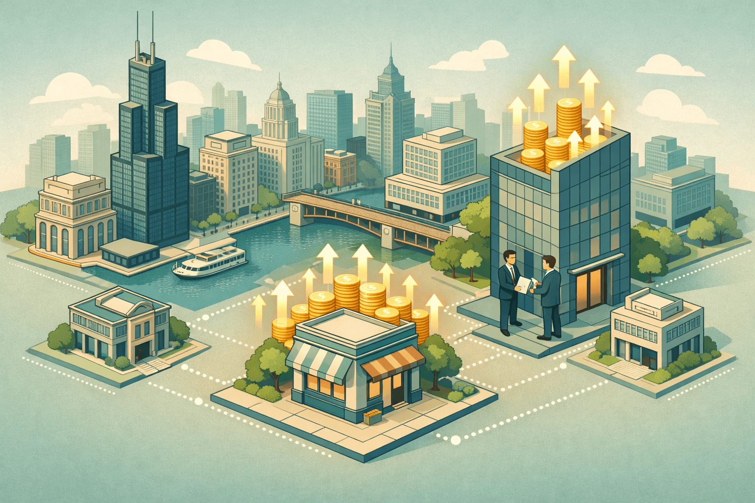 Isometric Chicago cityscape with small business storefronts receiving working capital from finance buildings, tiny figures exchanging documents near city landmarks.