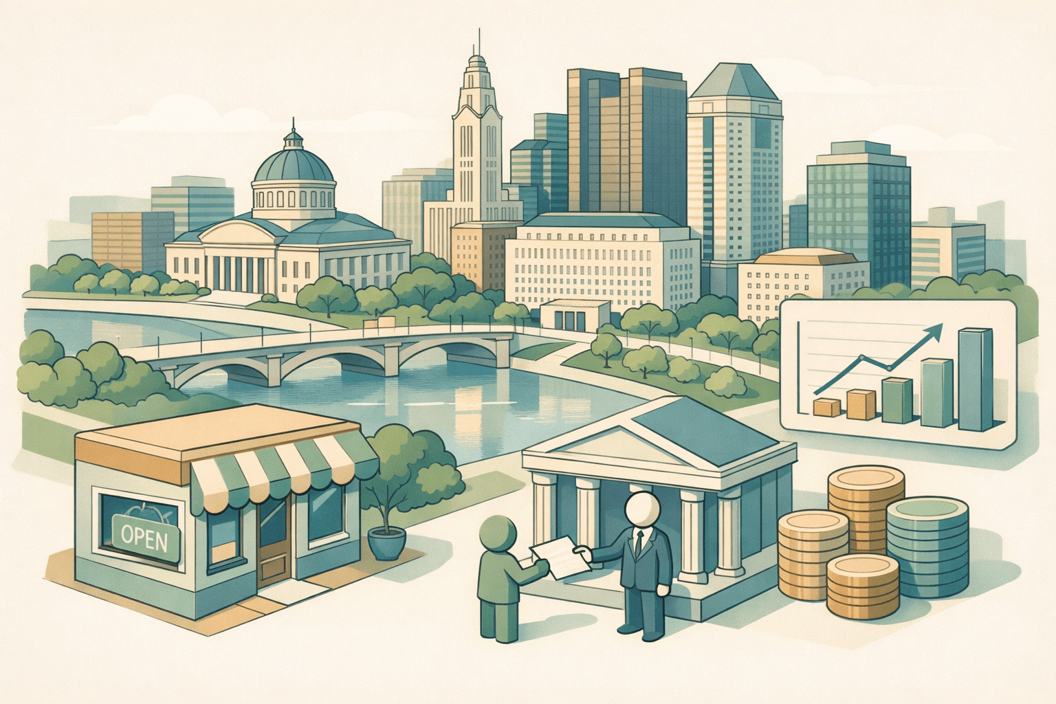 Isometric scene of Columbus city buildings with a small business owner receiving funding documents outside a financial institution.