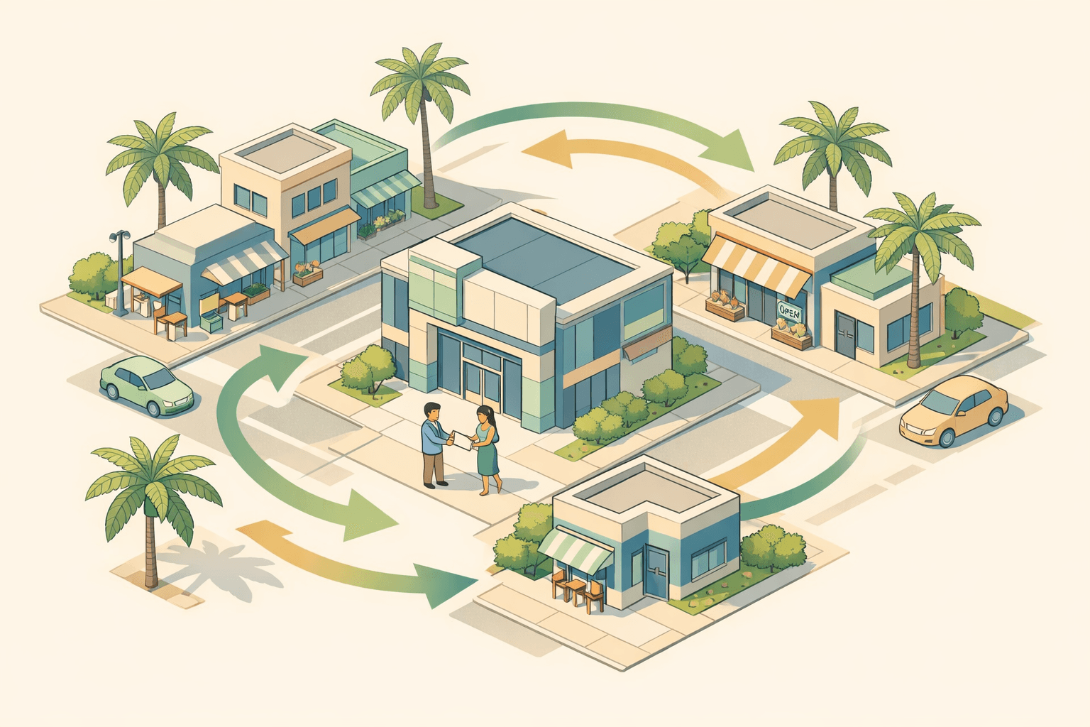 Isometric Florida business street scene with a bank building, storefronts, palm trees, and small figures exchanging documents representing merchant cash advance funding.