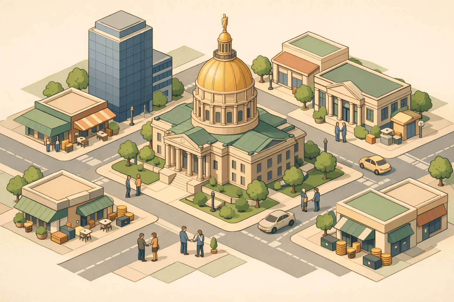 Isometric Georgia commercial district with a capitol dome, small business storefronts, and tiny figures exchanging documents near a community bank building.