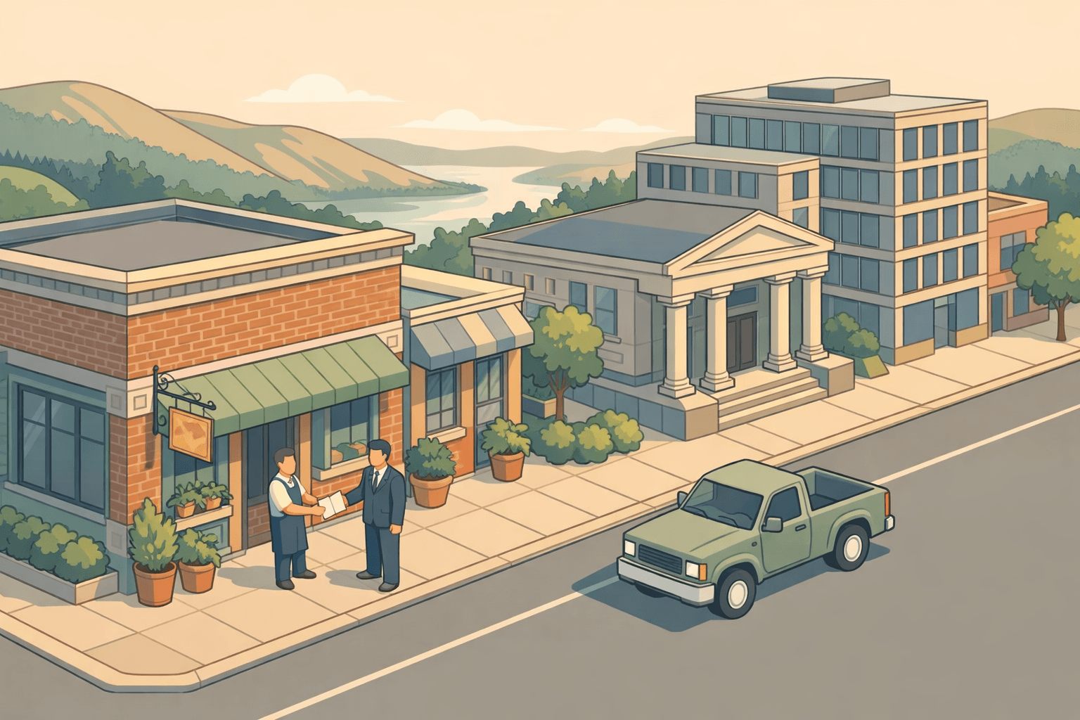 Isometric scene of Idaho small business storefronts and a community bank building with foothills in the background and two small figures exchanging documents.