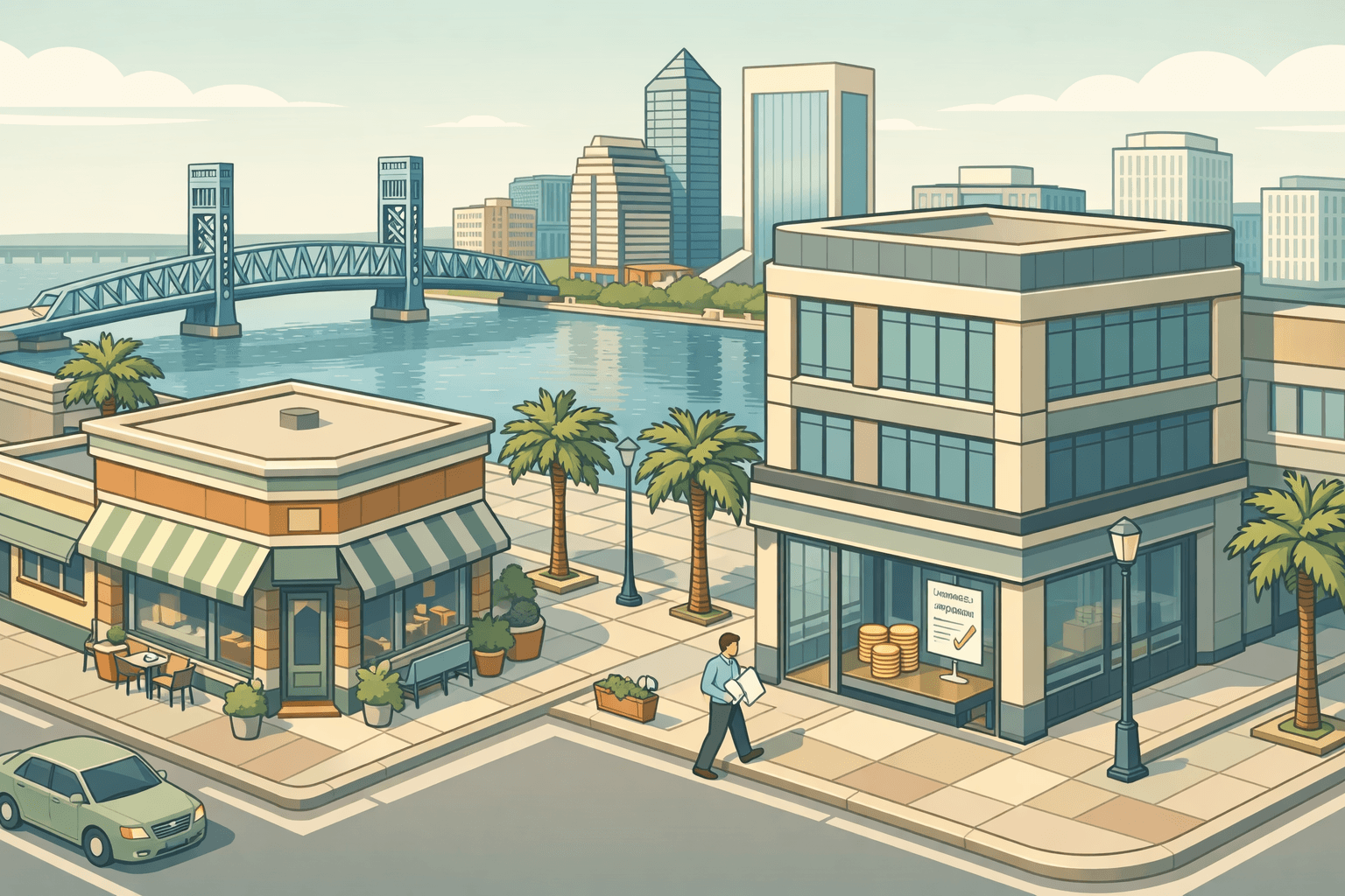 Isometric scene of a Jacksonville small business street with a lending office, the St. Johns River bridge in the background, and a figure carrying documents.