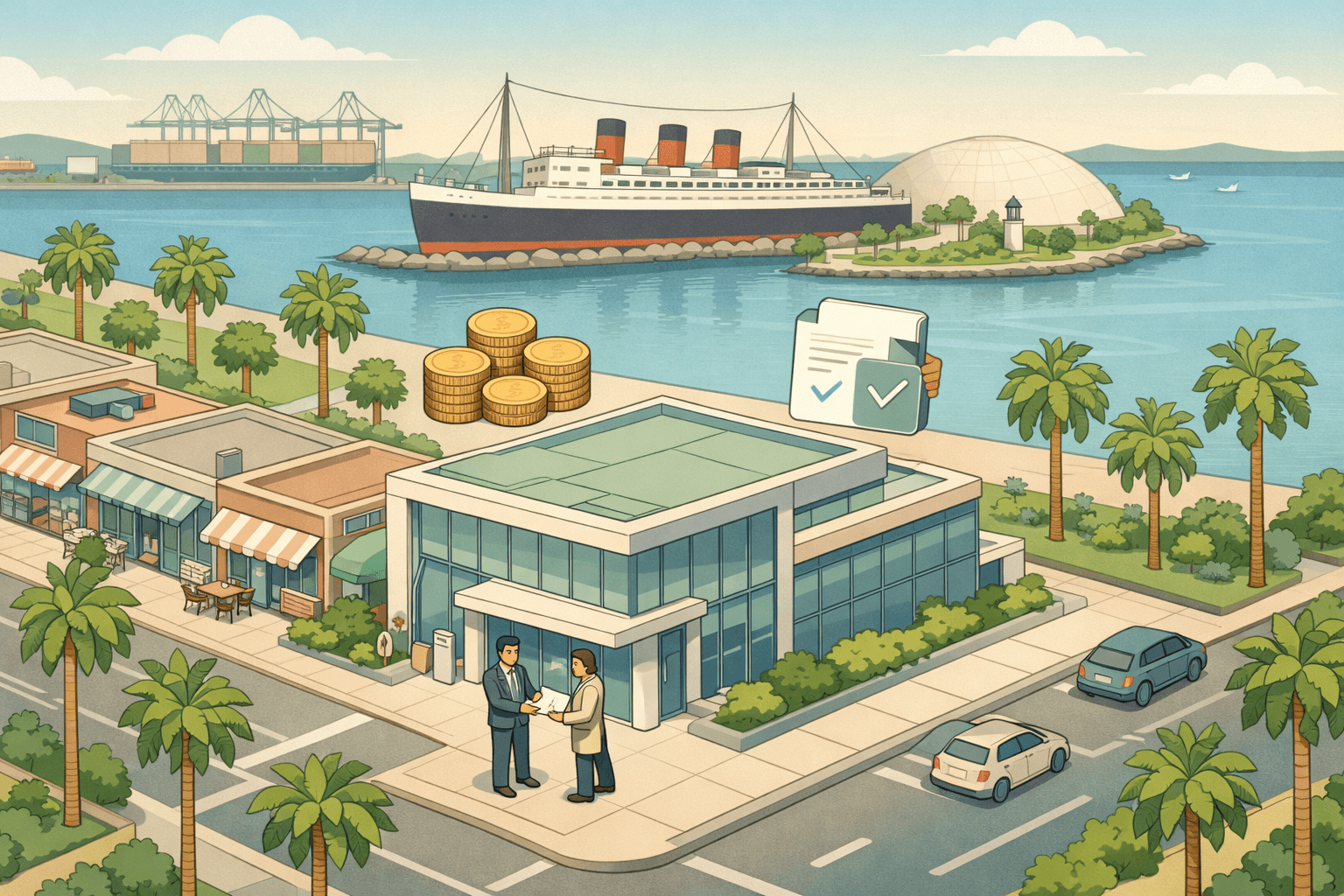 Isometric scene of Long Beach waterfront with small business storefronts, a bank office, and the Queen Mary ship in the background.