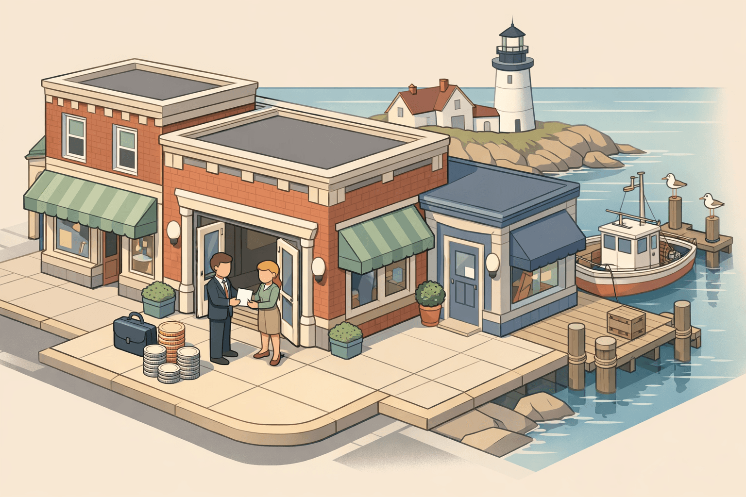 Isometric New England commercial street in Maine with a lighthouse, small harbor, brick storefronts, a bank office, and tiny business owners exchanging documents outside.