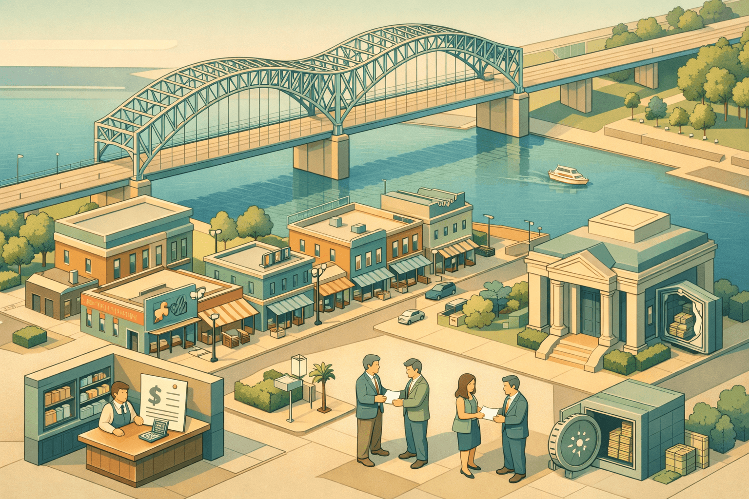 Isometric Memphis cityscape with a bridge, Beale Street storefronts, a small bank building, and tiny business owners exchanging funding documents.