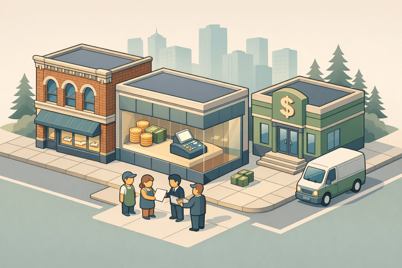 Isometric Michigan downtown scene with small business storefronts, a bank office, and tiny figures exchanging funding documents near a merchant terminal.